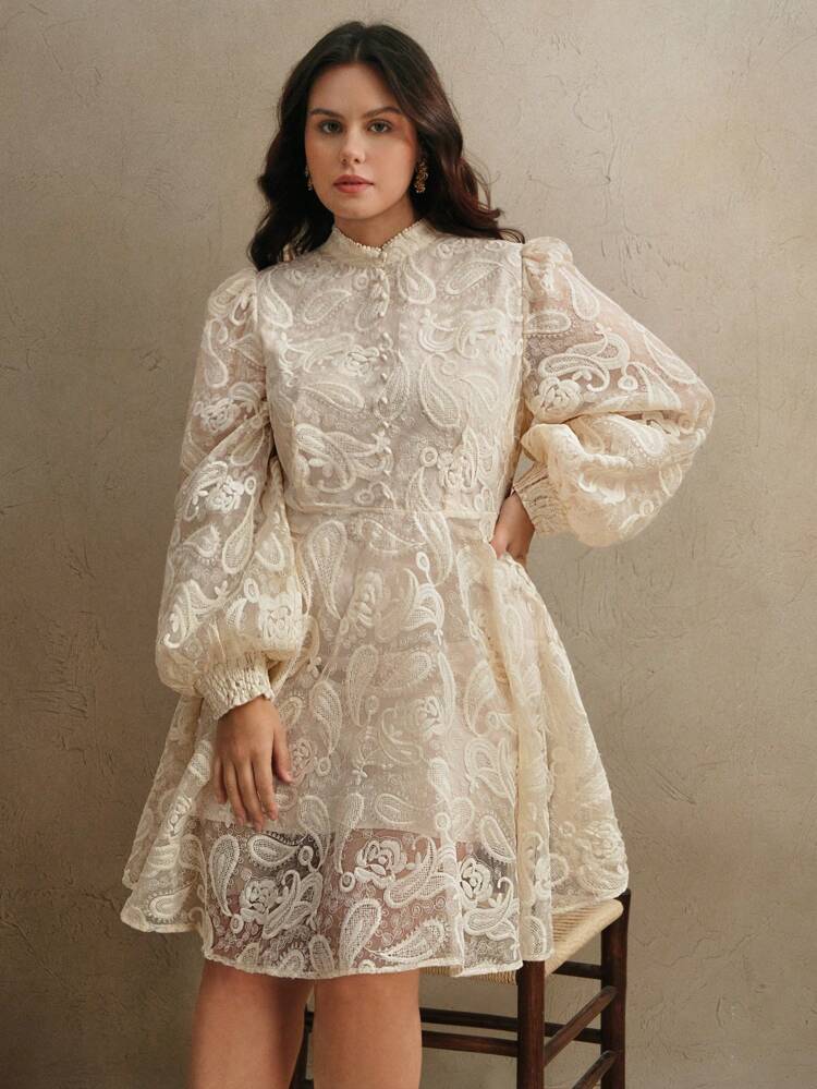 Plus Size Women's Elegant Floral Embroidered Lantern Sleeve Mesh Dress, Suitable For Spring/Summer, Valentine's Day, Birthday, Wedding Guest Outfits, Boho Style