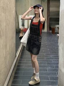 DAZY 女式宽松休闲牛仔连体裤，带口袋，短款夏季太阳裙 - 藍色 - 查看 6