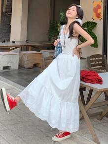 DAZY Women's Vacation Casual Solid Color Hollow Embroidery Sleeveless Dress Summer