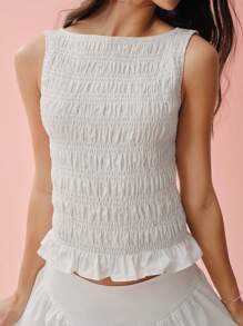 Enchnt 女士纯色褶皱圆领休闲背心 - 白色 - 查看 6