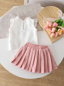 SHEIN Playful Pals 2 件套 女婴幼儿（0-3 岁）优雅校园帽袖 V 领纹理花卉无袖上衣衬衫搭配蝴蝶结格子荷叶边裙粉色套装 - 粉色 - 查看 2