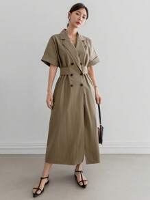 Dazy-Less Đầm suông màu trơn bó eo đơn giản cổ chữ V phong cách công sở, dài đến bắp chân cho nữ, váy suông - xanh quân đội - Xem 3