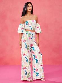 Miriam Omar Designer Boho Bohemian Floral Printed Lantern Sleeves Strapless Top With Flared Pants Set, Festival - Multicolor - View 5