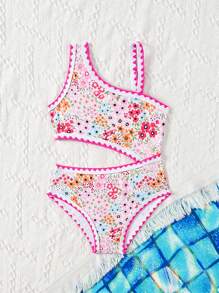 SHEIN Young Girl Cute Ditsy Floral One Piece Swimsuit - Multicolor - View 5