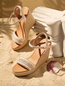 Styleloop 女士时尚米色编织带踝带黄麻绳坡跟厚底凉鞋，适合通勤、约会、派对、度假