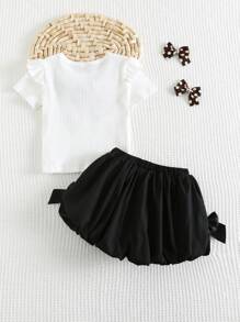 Cozy Pixies 2pcs Baby Girl Black And White Summer Cute Birthday Outfit,Retro Elegant Big Bow Round Neck Cap Sleeve Top And Elastic Waist Decor Shorts Set - Multicolor - View 2