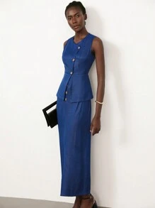 Femmeiva Elegant Retro Blue Denim Effect Waist Cinched Asymmetric Collar Bodycon Maxi Dress 2 Pieces Set For Women - Dark Wash - View 6