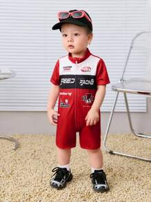 SHEIN 新生男婴/女婴休闲运动时尚针织拼布字母印花 Polo 领短袖连体衣，适合春夏季室内外穿着 - 紅色 - 查看 4