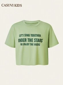 SHEIN 1 pezzo Maglietta verde casual e chic da ragazza, versatile, con spalle scoperte, collo rotondo e maniche corte, adatta per la primavera/estate