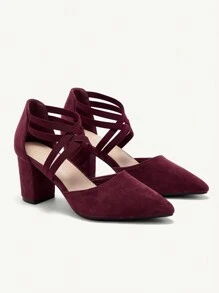 CUCCOO CHICEST Burgundy Faux Suede Elastic Ankle Strap Pointed Toe Chunky High Heel Pumps, Fashion Dress Shoes For Commuting, Dating, Party, Wedding, Holiday Spring Shoes Spring Break Easter Prom Heels
