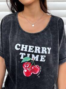 SHEIN EZwear T-shirts femme à lavage nostalgique avec cerises d'été - Noir - Voir 6