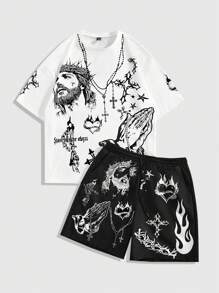 ROMWE MEN Street Life Men's Letter Print Round Neck Short Sleeve Casual T-Shirt And Drawstring Waist Shorts Set - Black and White - View 1