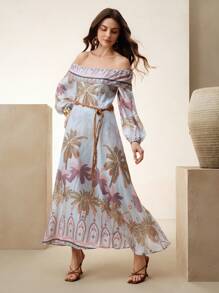 Anewsta Váy Boho dài hở vai họa tiết hoa đi biển, trang phục mùa xuân cho phụ nữ - Nhiều màu - Xem 6