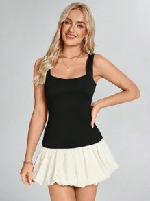 SHEIN LUNE 蓬蓬西式女装女式无袖方领修身泡泡下摆迷你连衣裙，春夏 - 黑與白 - 查看 4