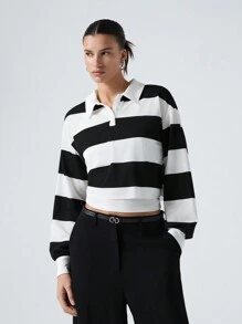 Muchica Button Half Placket Colorblock Tee - Black and White - View 1