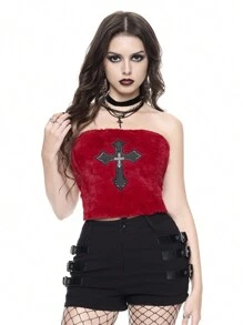ROMWE Goth Spring Break Concert Festival Party Outfit Women, Rave Outfits, Plush PU Embroidered Cross Pendant Strapless Sexy Color Contrast Crop Top