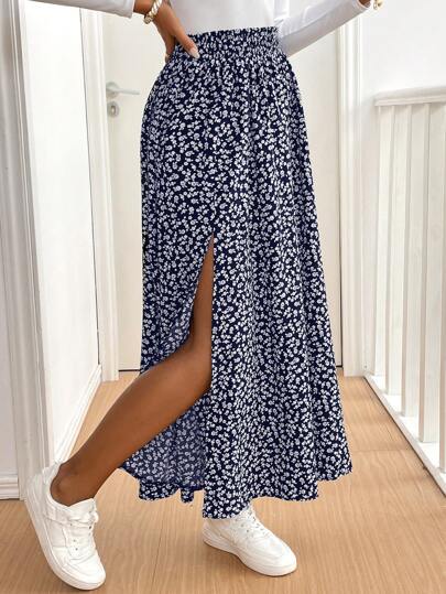 SHEIN Frenchy Women's Ditsy Floral Slit Frill Trim Maxi Skirt, Casual & Fashionable For Everyday Wear Summer Vacation Flower Blue Holiday Resort