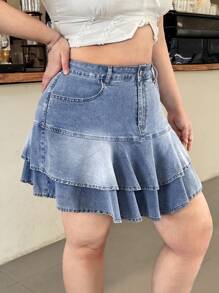 SHEIN EZwear Chân váy mini denim cỡ lớn, giản dị và thời trang để mặc hàng ngày - Rửa nhẹ - Xem 4