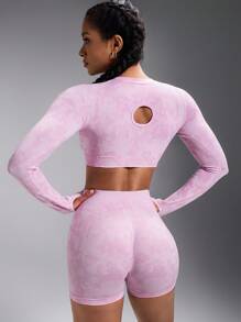 Powerista Women's Graphic Print Round Neck Long Sleeve Top And Shorts Activewear Set Workout Women Sets - Pink - View 2