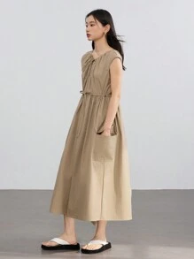 DAZY Women's Casual Elegant Minimalist Drawstring Waist Floral Decor Large Pocket Straight Long Midi Dress Summer Old Money Style Sundress - Khaki - View 1