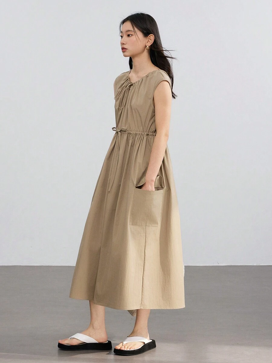 DAZY Women's Casual Elegant Minimalist Drawstring Waist Floral Decor Large Pocket Straight Long Midi Dress Summer Old Money Style Sundress - Khaki - View 1