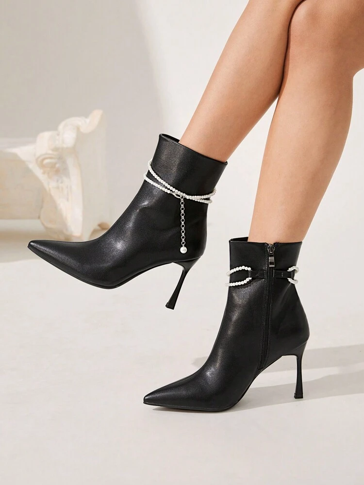 CUCCOO CHICEST Elegant Faux Pearl Criss-Cross Chain Pendant Black Faux Leather Women Pointed Toe Ankle Boots For Christmas And New Year Holiday Vibe Fall And Winter