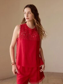 MOTF BLUSA SIN MANGAS DE LINO CON ENCAJE CONTRASTANTE - Rojo - Ver 6