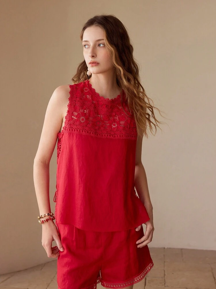 LINEN CONTRAST LACE SLEEVELESS BLOUSE
