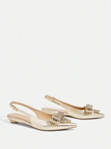 CUCCOO TILAWA Scarpe da donna a punta con fiocco decorativo, cinturino elastico con fibbia, eleganti per feste, adatte per uso quotidiano e attività all'aperto, primavera/estate - Dorato - Visualizzare 3