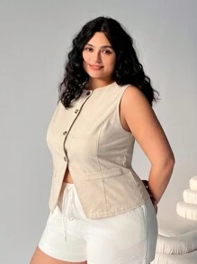 Solflare Plus Size Casual Minimalist Solid Color Suit Vest For Summer In Fall/Winter - Khaki - View 3