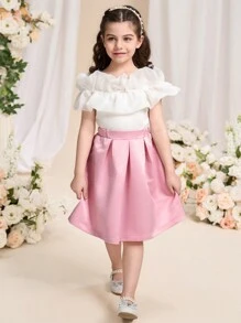 年轻女孩纯色露肩褶皱简约上衣和裙子休闲套装 - 彩色 - 查看 5