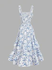 SHEIN MOD 蓝白碎花浪漫复古荷叶边女装，优雅连衣裙，茶会连衣裙，女性约会连衣裙，情人节连衣裙，夏季连衣裙，波西米亚连衣裙，邮轮连衣裙，沙滩连衣裙，女士柔和连衣裙 - 藍白色 - 查看 2