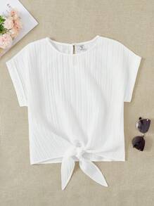 SHEIN Blusa casual a manica a pipistrello con orlo annodata, in tessuto lavorato, di colore bianco tinta unita, adatta per ragazze adolescenti, per primavera/estate, festival, interno ed esterno