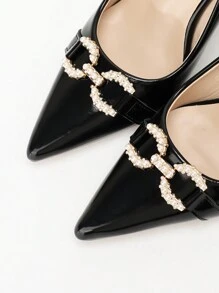 CUCCOO BIZCHIC Women's High Heel Shoes, Solid Pink Bow And Floral Decor Pointed Toe Backstrap All Season Sandals Valentines - Black - View 6