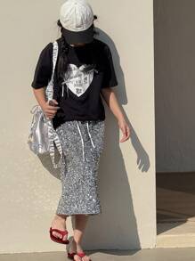 DAZY Tween Girl' Heart Printed Short Sleeve T-Shirt Summer,Back To School Clothes - Black - View 8