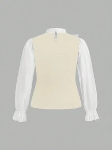 Flirla Plus Size Elegant Color Block Puff Sleeve Tie Neck Blouse Fall Cloth For Women - Apricot - View 2