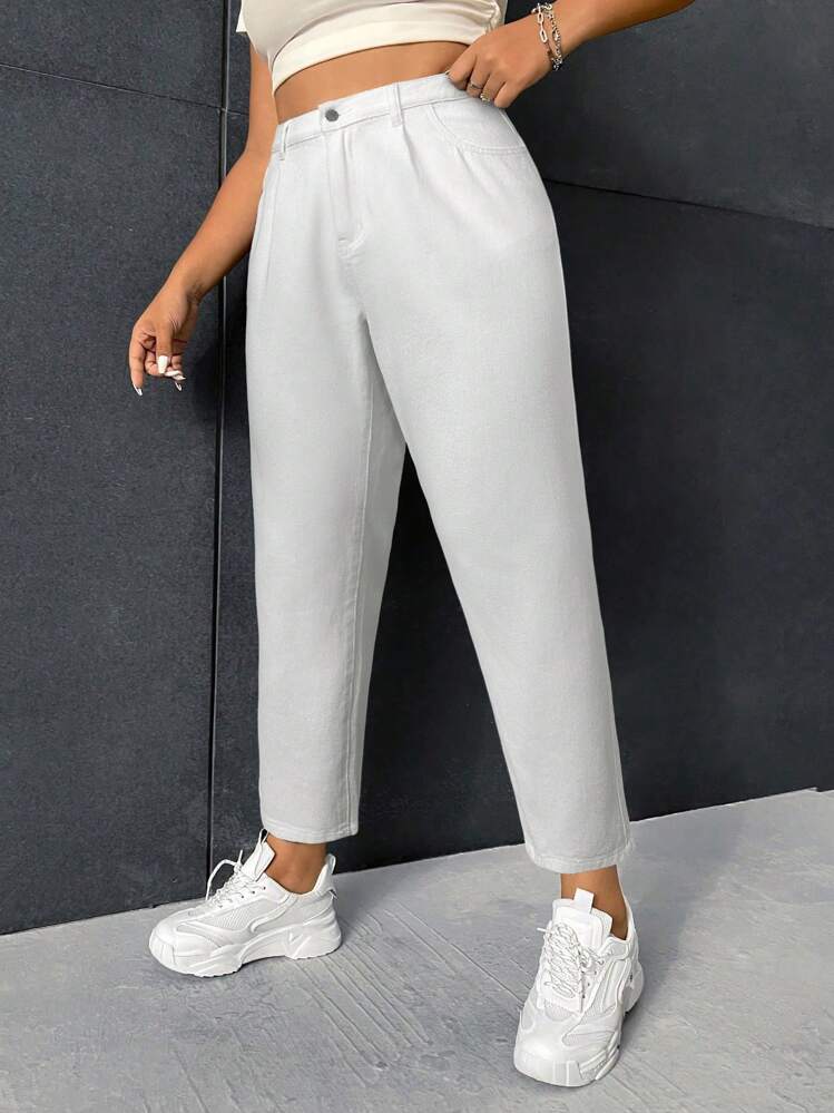 SHEIN ICON Plus Size Casual Everyday Basic Solid Color Jeans - White - View 4