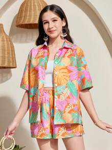 SHEIN Leap Crew 2pcs/Set Teen Girl Tropical Print Loose Shirt & Shorts Set, Spring/Summer, Vacation Style - Multicolor - View 3