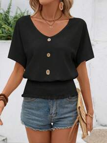 EMERY ROSE 女式纯色前扣简约休闲短袖衬衫，夏季 - 黑色 - 查看 3