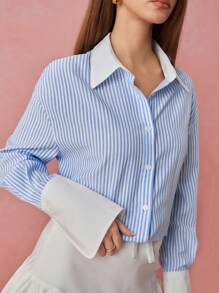 Enchnt Áo cánh dài tay họa tiết sọc xanh trắng thời trang mùa xuân/đông dành cho nữ, mặc hàng ngày, ngọt ngào và thanh lịch cho ngày lễ tình nhân, ngày lễ, buổi tối hẹn hò ngọt ngào và đi làm hàng ngày - Màu xanh lam - Xem 2