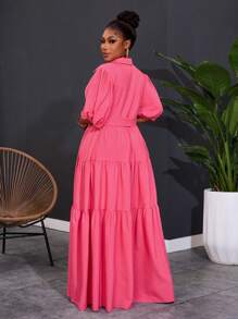 Slaydiva فستان ماكسي بأكمام قصيرة وخط A برزنتة مجعدة باللون الصلب للنساء ذوات الحجم الكبير موديل 2025 الجديد للربيع - روز أحمر - مشاهدة 3