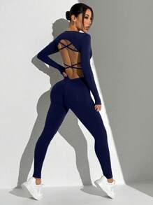 Easithlete Conjunto deportivo sin costuras de unicolor con espalda descubierta, manga larga y pantalones para mujer - Azul Marino - Ver 3