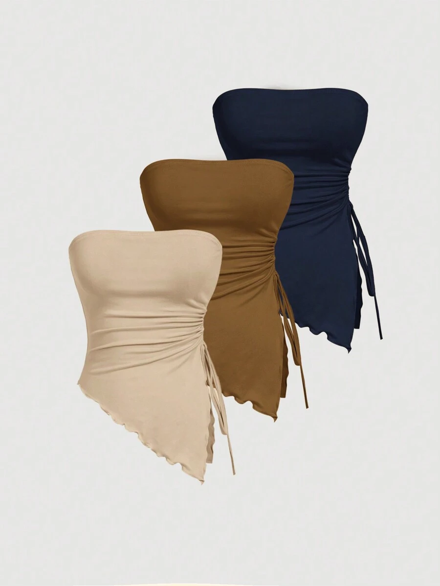 SHEIN MOD 多件装不对称系带侧腰褶皱抹胸上衣 - 藏蓝色 - 查看 1