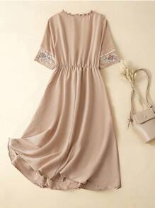 SHEIN LUNE Plus Size Summer Elegant Embroidered Mid-Length Dress, Spring - Dusty Pink - View 2