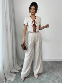 Chiquease 女士优雅系带前蝴蝶结 V 领上衣和直筒裤 2 件套，适合通勤和休闲穿着