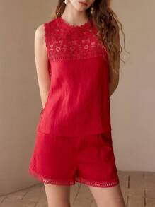 MOTF BLUSA SIN MANGAS DE LINO CON ENCAJE CONTRASTANTE - Rojo - Ver 2