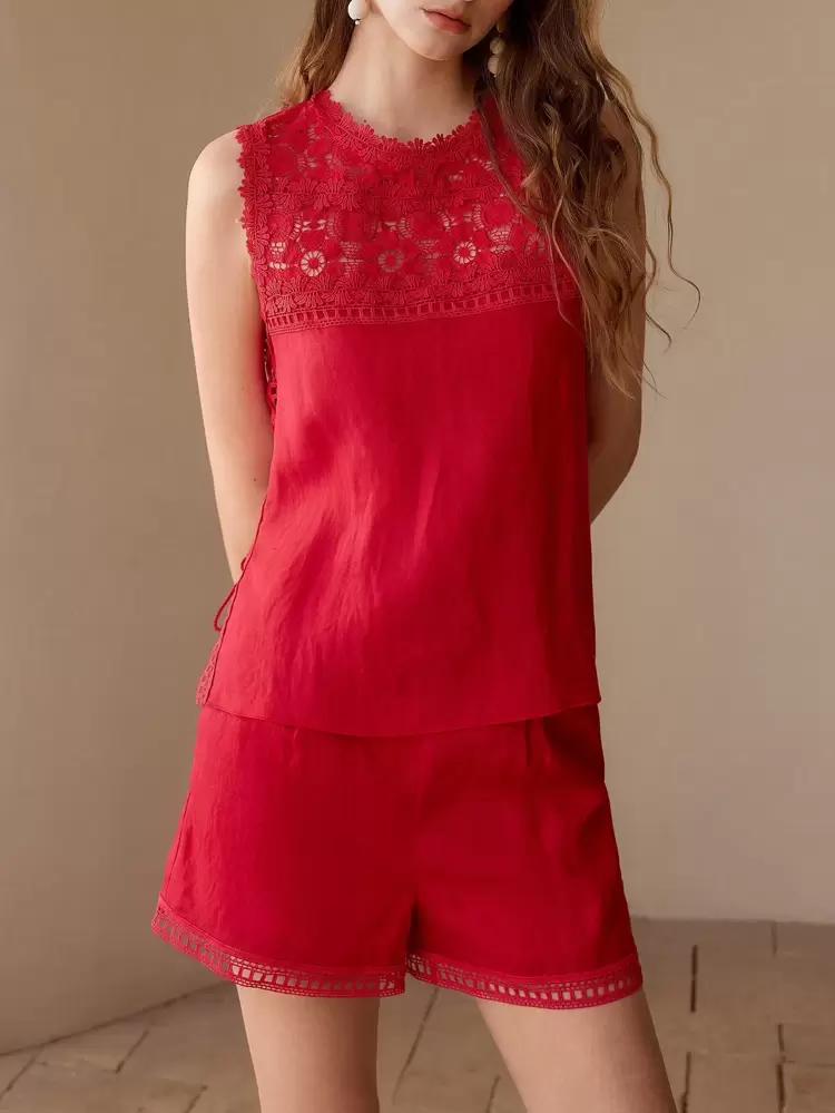 LINEN CONTRAST LACE SLEEVELESS BLOUSE