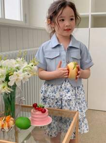 DAZY 2 Stücke/Set Kleine Mädchen Herbstoutfit mit Blumenmuster - Blau - Übersicht 4