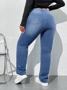 SHEIN PETITE CURVE Plus Size Women's Straight-Leg Casual Pocketed Jeans, Versatile - Medium Wash - View 2