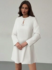Aloruh Women's Bowknot Decor Round Neck Long Sleeve Elegant Dress - Apricot - View 5